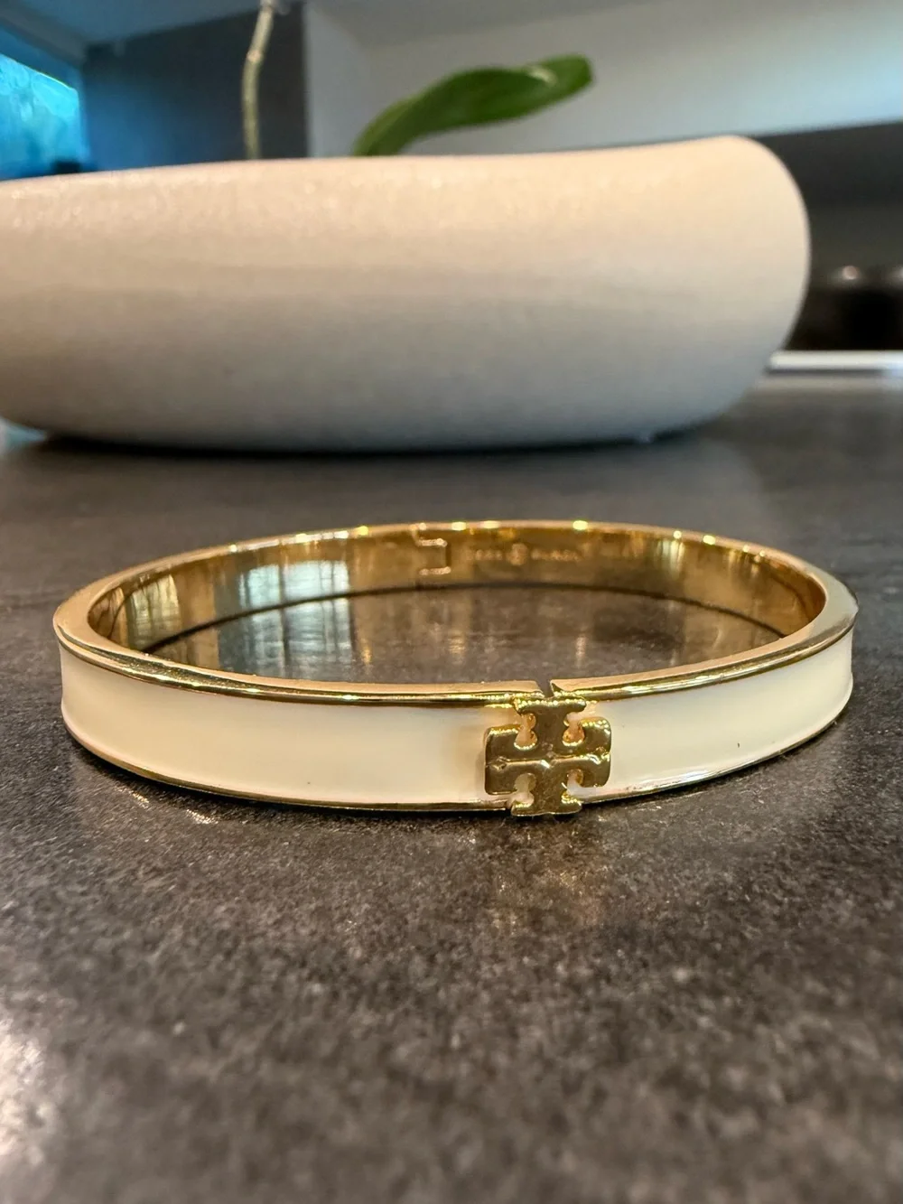 Tory Burch White Enamel Logo Hinge Bangle Bracelet